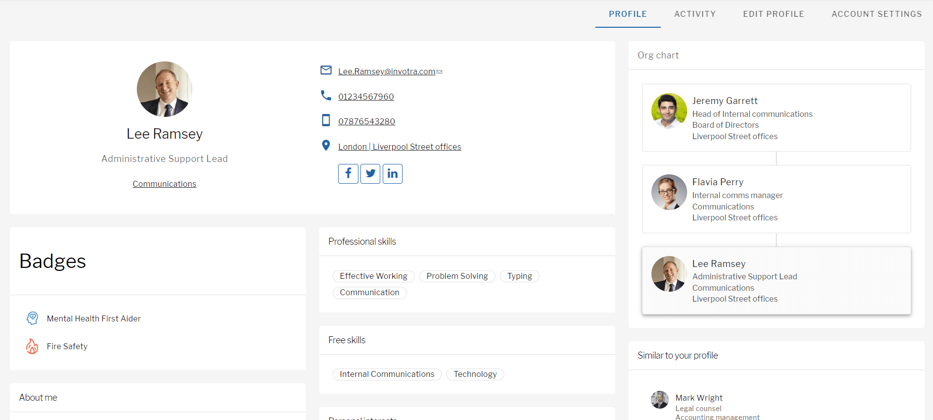 Example of profile page